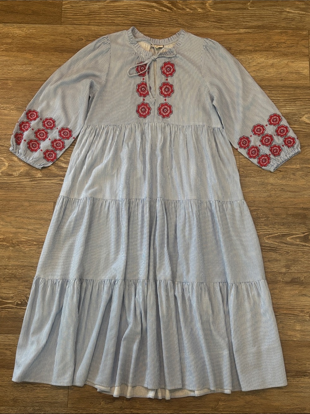 Tuckernuck Blue Stripe Red Embroidered Tiered Midi Dress Women's Size Medium